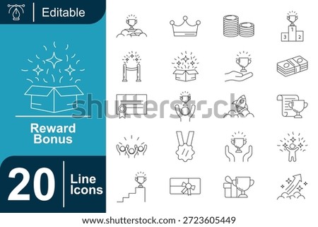 reward bonus line icon set featuring trophies, gifts, achievements, prizes, money, and celebration symbols. Ideal for loyalty programs, success recognition, marketing campaigns, gamification, and incentive concepts.
