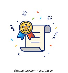 Reward Certificate With Gold Medal Vector Icon Illustration. Certificate And Medal, Reward Icon Concept White Isolated. Flat Cartoon Style Suitable for Web Landing Page, Banner, Sticker, Background