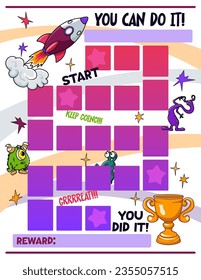 Reward chart for boys. Cosmos. Table of behavior and routine work of kids. Vector illustration	