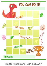 Reward chart for boys. Cute dinosaur. Table of behavior and routine work of kids. Vector illustration