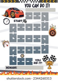 Reward chart for boys. Sports Car. Table of behavior and routine work of kids. Vector illustration