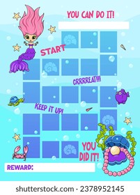 Reward chart for girls. Mermaid. Behavior and work schedule for children. Vector illustration