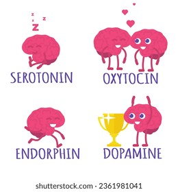 Belohnung Chemie, Hormongesundheitskonzept mit süßem Hirncharakter. Serotonin Endorphin Oxytocin Dopamin. Vektorgrafiken 