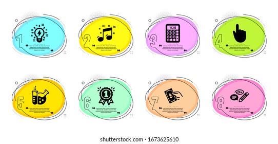 Reward, Chemistry lab and Hand click signs. Timeline infographic. Inspiration, Keywords and Pay money line icons set. Musical note, Calculator symbols. Creativity, Pencil with key. Vector