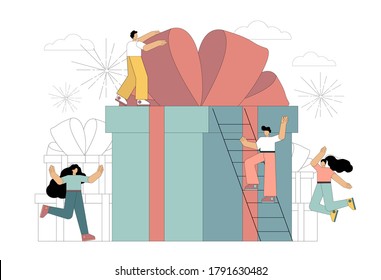 Reward Concept, Receiving A Gift. Group Of Happy People With A Gift Box. For Websites, Sweepstakes, Discounts, Coupons, Homepages. Vector Illustration Isolated On White Background.