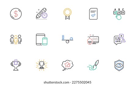 Reward, Cyber attack and Correct checkbox line icons for website, printing. Collection of Trophy, Brush, Group icons. Project deadline, Eye detect, Binary code web elements. Balance. Vector