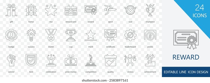 Reward editable line icon set. with celebration, points, champion, quality,  merit, achievement and more stroke design