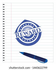 Reward emblem draw with pen effect. Blue ink. Vector Illustration. Detailed.
