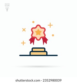 Icono de recompensa plana. Concepto de calidad. Medalla de oro con cinta para ganadores. Ilustración del vector