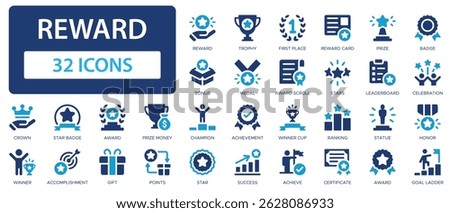 Reward flat icons collection. Trophy, medal, achievement, award, certificate, winner, honor, prize, gift, points, champion sign set.