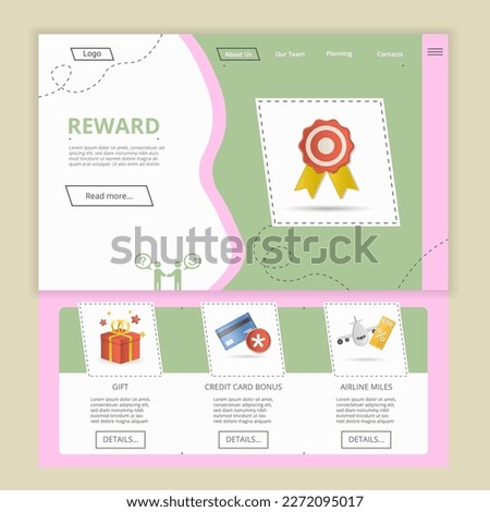 Reward flat landing page website template. Gift, credit card bonus, airline miles. Web banner with header, content and footer. Vector illustration.