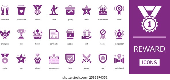 Reward flat vector icon set. with honor, certificate,  winner, success, gift and more filled icon collection