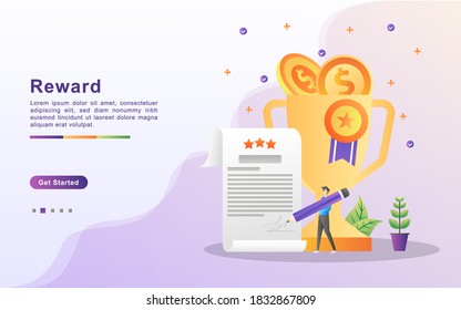 Reward And Get Gift Concept. People Win Sweepstakes, Cash Back Programs, Rewards For Loyal Customers, Attractive Offers. Can Use For Web Landing Page, Banner, Mobile App. Vector Illustration.