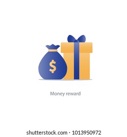 Reward gift box icon, bonus money concept, sale discount program, win points vector illustration