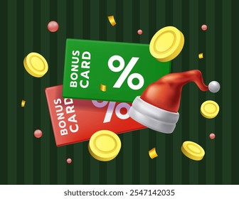 Reward gift. Shopping coupon. Christmas sale. Santa hat. Gold coins falling. Present 3D voucher. Marketing promo. Bonus ticket. Xmas lottery. Benefit label. Winter discount. Vector promotion banner
