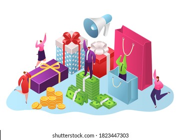 Reward, gifts boxes and money concept, vector illustration isolated on white. Coins and dollars banknotes money for present, gift wrapped in ribbons. Financial prize. Birthday congratulations gift.