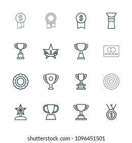 Reward icon. collection of 16 reward outline icons such as trophy, dollar award, award, medal, 1st place star, star trophy. editable reward icons for web and mobile.