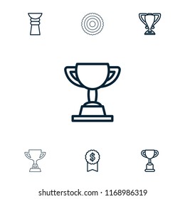 Reward icon. collection of 7 reward outline icons such as trophy, dollar award. editable reward icons for web and mobile.