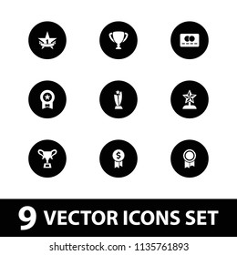 Reward icon. collection of 9 reward filled icons such as medal, 1st place star, trophy, star trophy, credit card. editable reward icons for web and mobile.