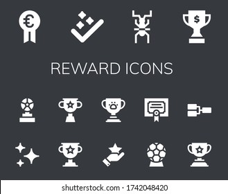 reward icon set. 14 filled reward icons.  Simple modern icons such as: Prize, Success, Cricket, Trophy, Stars, Star, Award, Merit, Competition