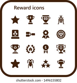 reward icon set. 16 filled reward icons.  Collection Of - Star, Trophy, Cricket, Award, Competition, Quality, Premium, Awards