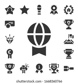 reward icon set. 17 filled reward icons. Included Star, Reward, Quality, Prize, Award, Achievement, Trophy, Success, Awards, Competition icons