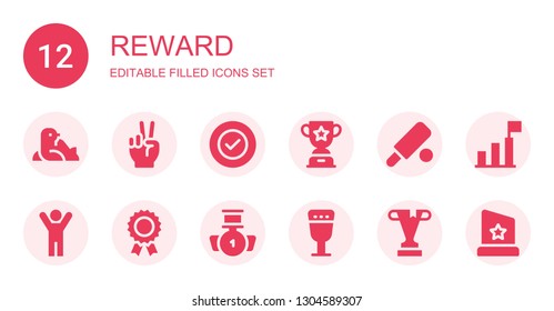 reward icon set. Collection of 12 filled reward icons included Seal, Victory, Success, Trophy, Cricket, Prize, Medal, Goblet