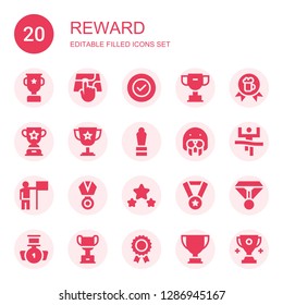 reward icon set. Collection of 20 filled reward icons included Trophy, Point, Success, Award, Seal, Winner, Medal, Prize