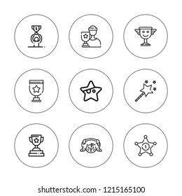 Reward icon set. collection of 9 outline reward icons with champion, star, seal, trophy icons. editable icons.