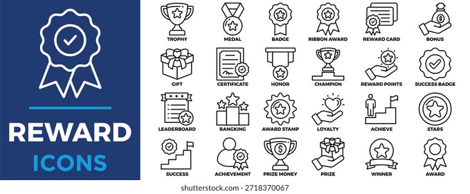 La colección del conjunto de iconos de recompensa en un paquete de iconos contiene un resumen, Logro, Premio, Bonificación, Premio, Ganador, Logro, Regalo, Certificado, Honor, Campeón, Tarjeta de recompensa, Estrellas, Éxito, Clasificación 