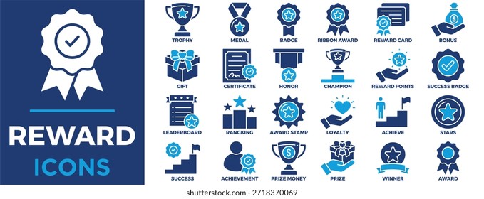 La colección del conjunto de iconos de recompensa en un paquete de iconos contiene un resumen, Logro, Premio, Bonificación, Premio, Ganador, Logro, Regalo, Certificado, Honor, Campeón, Tarjeta de recompensa, Estrellas, Éxito, Clasificación 