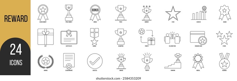 Reward icon set. Containing award, prize, medal, gift, trophy, badge, points, achievement and more. Vector icons collection.