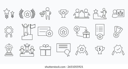 Reward icon set. Containing award, prize, medal, gift, trophy, badge, points, achievement and more. line icons vector