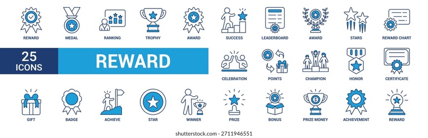 Reward icon set. Containing award, prize, medal, gift, trophy, badge, points, achievement, certificate and more. Blue vector icons collection.