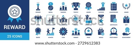 Reward icon set. Containing reward, medal, ranking, trophy, award, success and more. Solid vector icons collection.