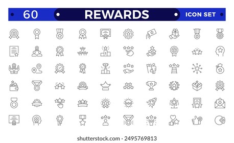 Reward icon set. Success icon, Contains icons prize, trophy, winner, gift, bonus card illustration. Set of Winner medal, cup and Laurel wreath award icons. Award line Reward, Certificate.
