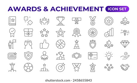 Reward icon set vector. Success icon, Contains icons prize, trophy, winner, gift, bonus card illustration.Set of Winner medal, cup and Laurel wreath award icons. Award line Reward, Certificate.