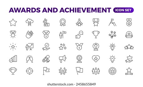 Reward icon set vector. Success icon, Contains icons prize, trophy, winner, gift, bonus card illustration.Set of Winner medal, cup and Laurel wreath award icons. Award line Reward, Certificate.