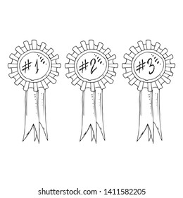 Reward icon. Vector illustration of incentive prize with ribbons for first, second and third place. Hand drawn reward for 1, 2 and 3 places. Trophy with laurel branches.