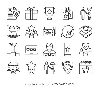 Reward icons. Benefits and rewards for employees line icon set. Editable Stroke.