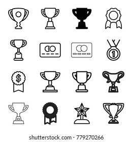 Reward icons. set of 16 editable outline reward icons such as trophy, credit card, medal, dollar award