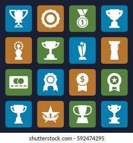 reward icons set. Set of 16 reward filled icons such as credit card, trophy, medal, 1st place star, award
