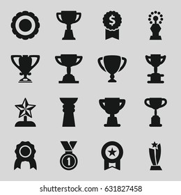 Reward icons set. set of 16 reward filled icons such as trophy, medal, award, star trophy