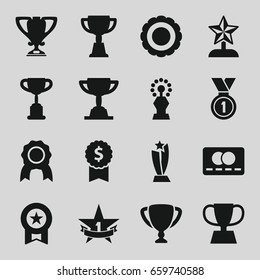 Reward icons set. set of 16 reward filled icons such as credit card, trophy, medal, 1st place star, award, star trophy