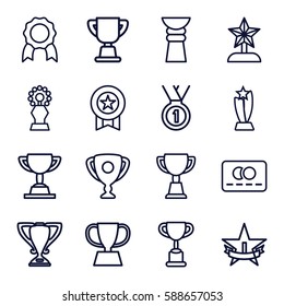 reward icons set. Set of 16 reward outline icons such as credit card, trophy, medal, 1st place star