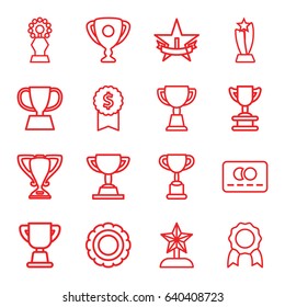 Reward icons set. set of 16 reward outline icons such as credit card, trophy, 1st place star, medal, star trophy, dollar award