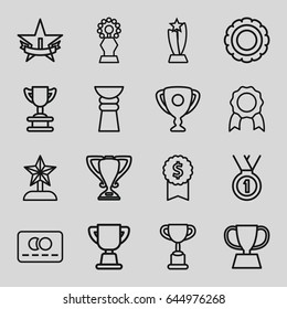 Reward icons set. set of 16 reward outline icons such as credit card, trophy, medal, 1st place star, star trophy, dollar award