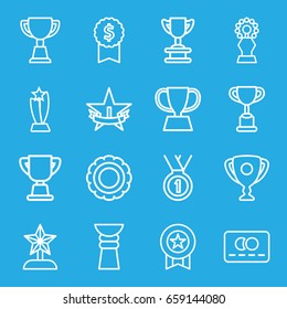 Reward icons set. set of 16 reward outline icons such as credit card, trophy, medal, 1st place star, star trophy, dollar award