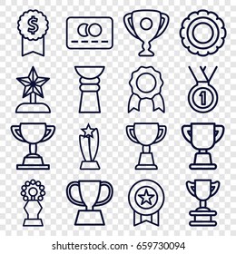 Reward icons set. set of 16 reward outline icons such as credit card, trophy, medal, star trophy, dollar award
