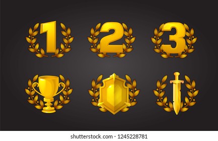 Reward icons set. 1st, 2nd, 3rd place, laurel wreath of victory, gold star, medal and sword